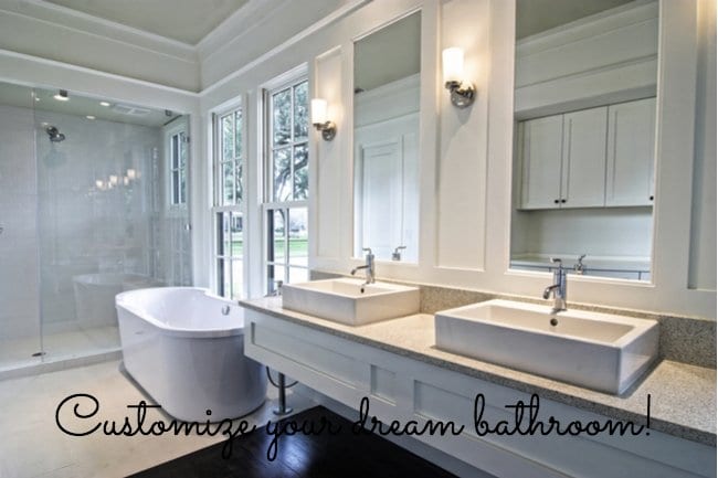 modern bathroom with windows and mirrors to the right with two sinks, and a tub and shower to the left