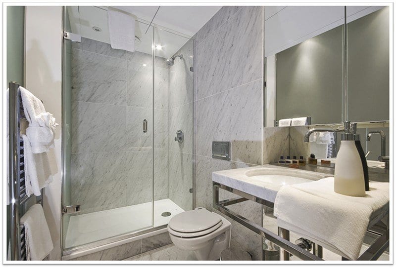 Modern bathroom with glass shower in the corner and a toilet and sink next to it.