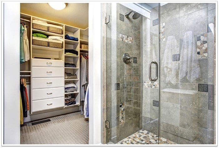 Closet to the left of photo and a glass frameless shower to the right