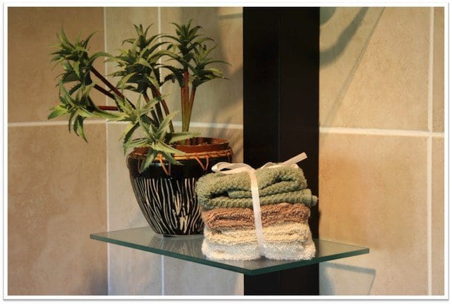 a plant and a few towel on a glass shelve