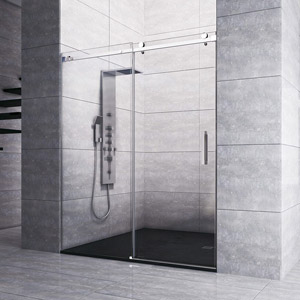 Frameless rolling “barn style” doors for showers