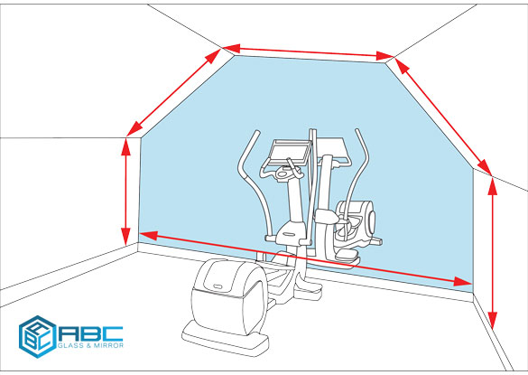 Diagram of gym glass mirror with irregular corners.