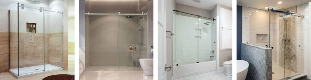 Four examples of different rolling barn style shower doors