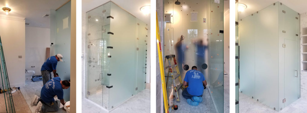 Example of ABC Glass & Mirror crew installing a frameless glass shower enclosure.