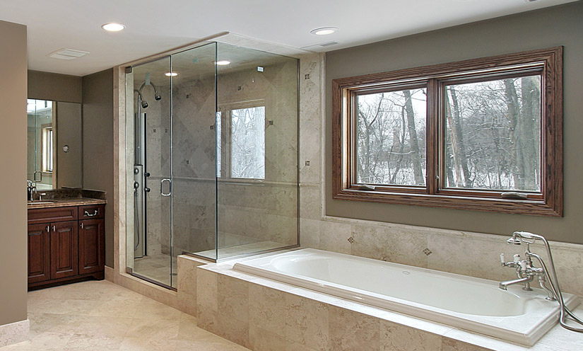 Swinging shower door in a open bathroom