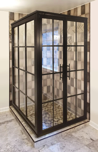 Black metal framed shower door