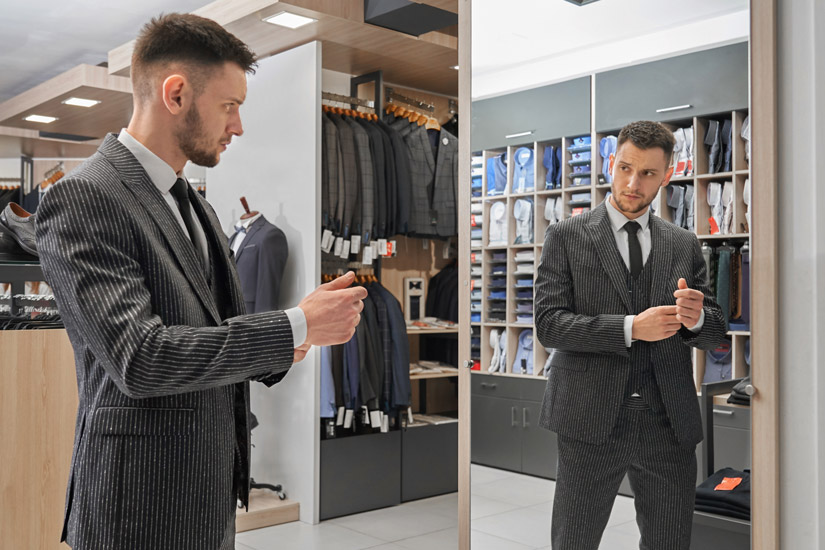 Man trying on suit in mirror