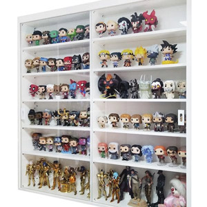 Glass door front cabinets with Funko POP! figurines inside