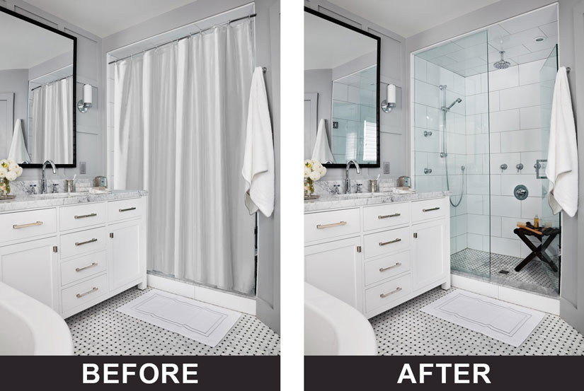 Before and after view of curtains versus glass shower door.