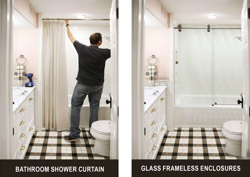 Example of bathroom shower curtain versus glass frameless shower enclosure.