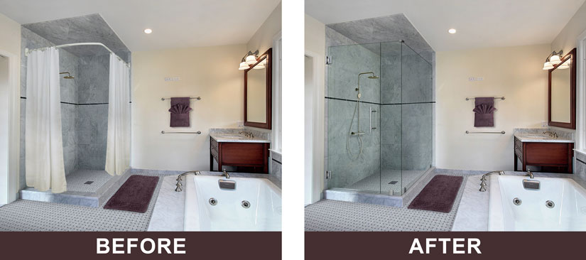 Before and after example of shower curtain versus frameless shower enclosure.