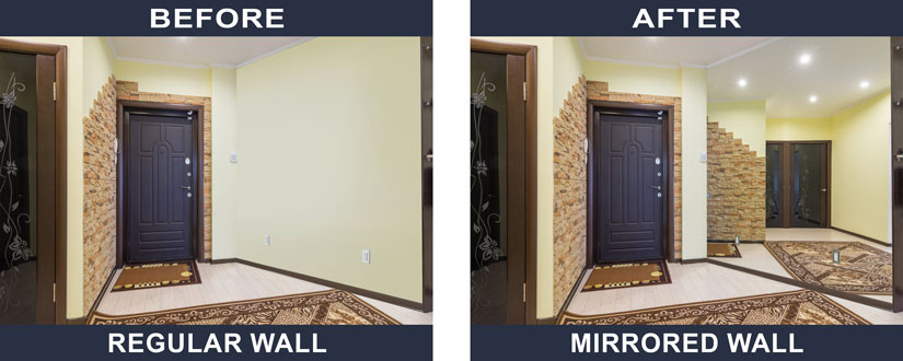 Before and after of a regular wall converted into a mirrored wall.