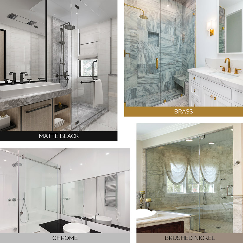 Examples of glass shower enclosure hardware options (matte black, brass, chrome, and brushed nickel).