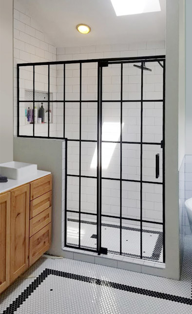 ne of the most popular looks in shower design today is the Crittall style, which is characterized by clear glass with black framing and mullions.