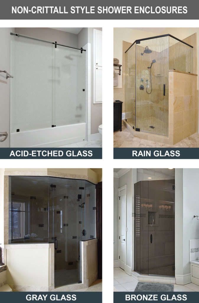 Non-crittall style shower enclosure examples: Acid-etched glass, rain glass, gray glass, and bronze glass.