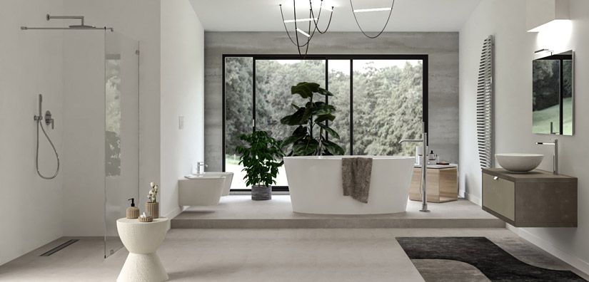 Spacious bathroom with a large soaking tub and shower screen.