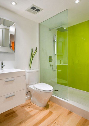 Bright green accent wall in a bathroom