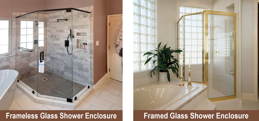 Examples of frameless glass shower enclosure and framed glass shower enclosure.