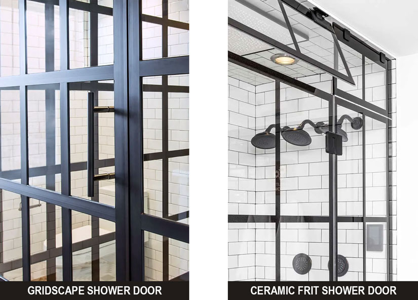 Example of a gridscape shower door and a ceramic frit shower door.