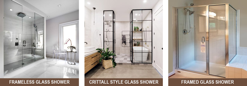 Examples of a frameless glass shower, crittall style glass shower, and a framed glass shower.