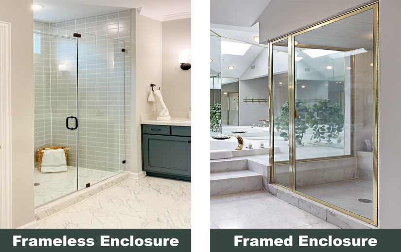 Examples of a frameless shower enclosure and a framed enclosure..