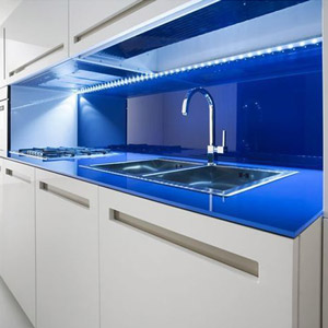 Blue back paint glass backsplash