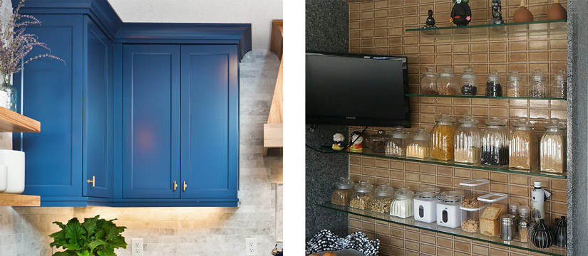 Blue cabinets and glass shelves