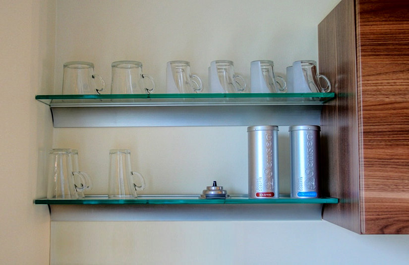 Kitchen glass shelves to store drinking glasses