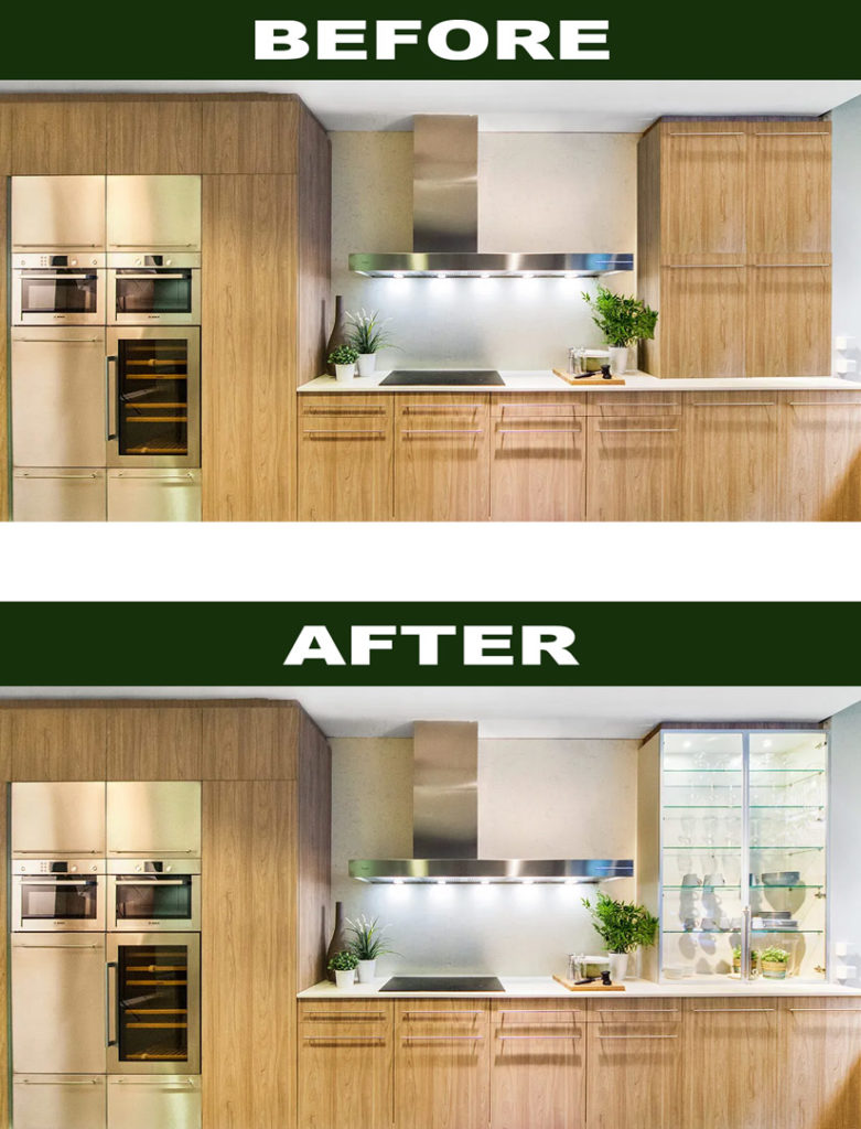 Before and after adding glass kitchen shelves