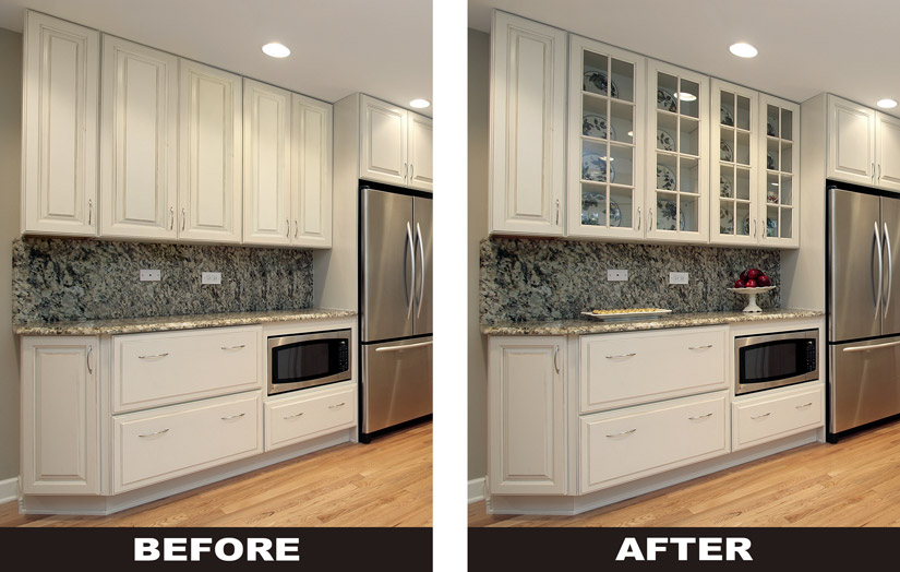 Before and after adding glass panels to kitchen cabinets