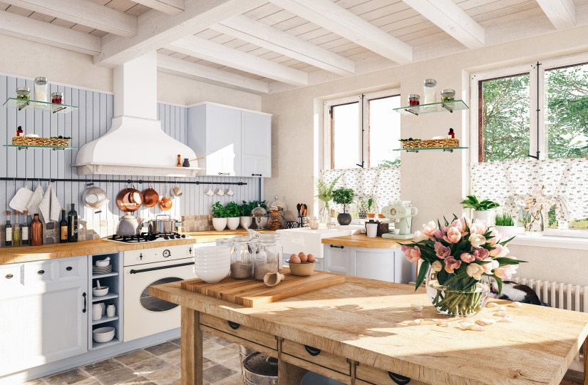 Glass shelves in a bright, open kitchen