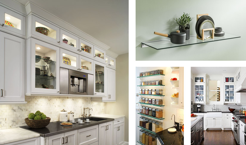 Collage of glass front kitchen cabinets and glass kitchen shelves.