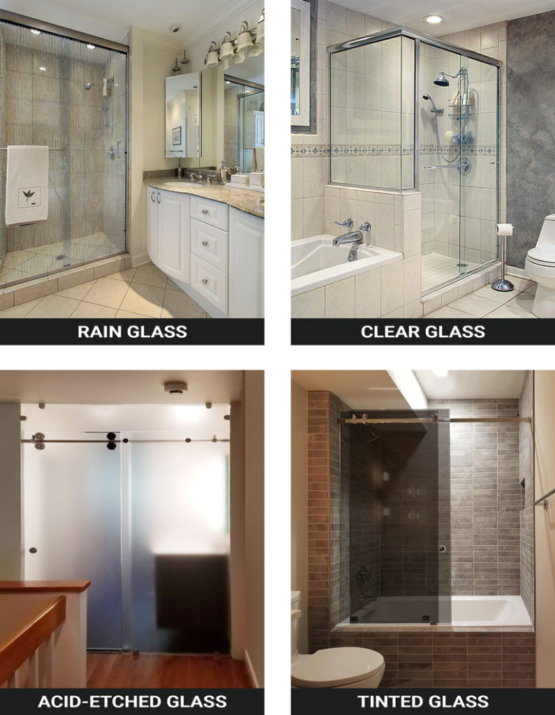 Rain glass, clear glass acid-etched glass, and tinted glass examples