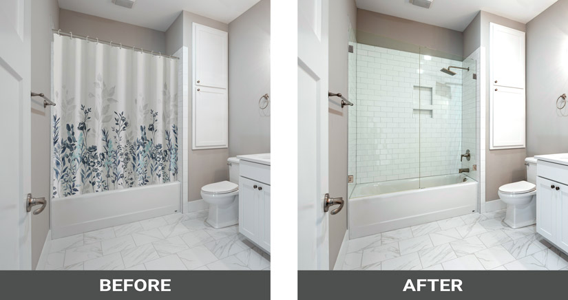 Before and after view of a shower curtain and glass shower enclosure