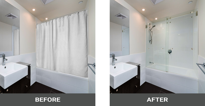 before and after view of shower curtain versus sliding glass shower door