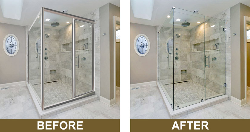 Before and after view of a framed shower door replaced with a frameless shower door