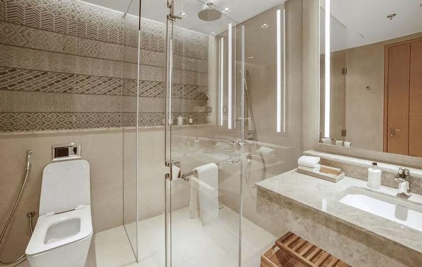 Frameless shower enclosure in well-decorated bathroom