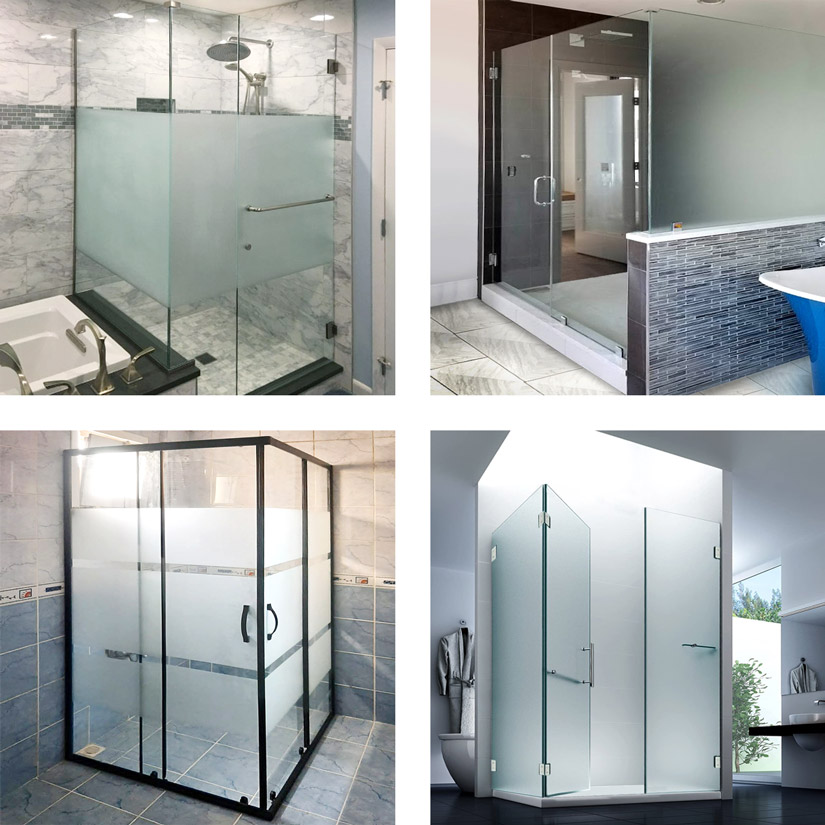 Examples of shower enclosure with privacy glass in a small section, a fully frosted side, privacy glass sectioned in a stylish way, and a fully frosted shower enclosure.