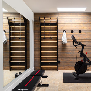 Home gym mirror in a basement