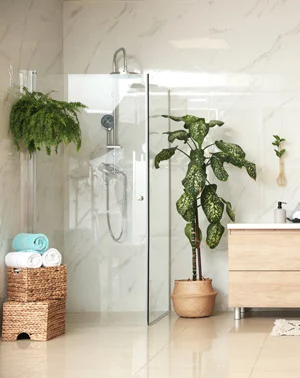 For all glass and metal components of a modern organic bathroom, we invite you to work with your hometown glass shop – ABC Glass & Mirror of Manassas Park.