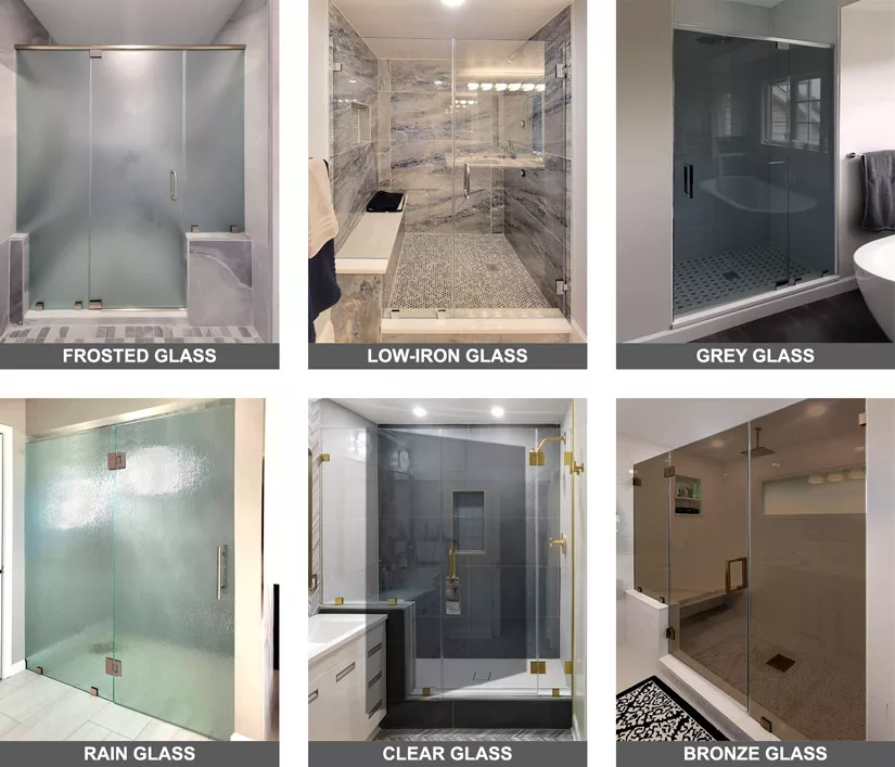 Glass options available at ABC Glass and Mirror: Frosted glass, Low-iron glass, grey glass, rain glass, clear glass, and bronze glass.