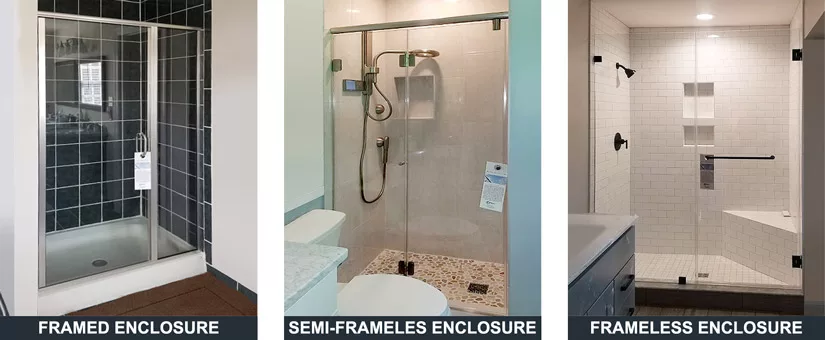 Shower framing options available at ABC Glass and Mirror: Framed enclosure, Semi-framed enclosure, and frameless enclosure.