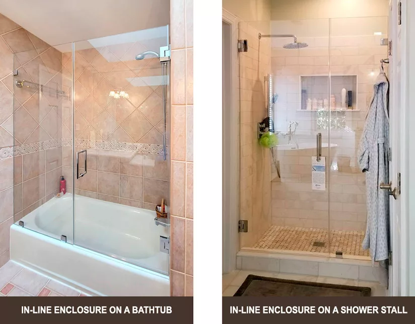 Examples of in-line enclosure with a bathtub and in-line enclosure of a shower stall.