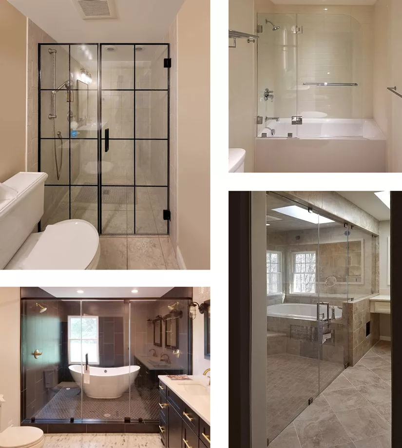 Examples of shower enclosure options available at ABC Glass and Mirror.