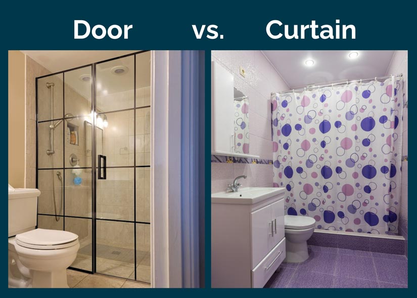 Comparison image of a Shower Door versus a Shower Curtain.