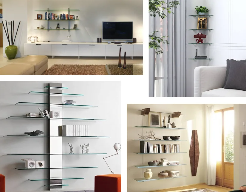 Living rooms – and similar spaces like family rooms and dens – are one of the most popular locations for glass shelving. 