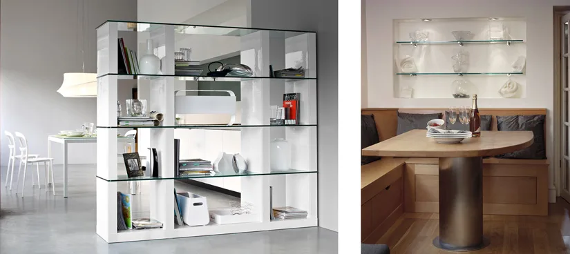 Dining room glass shelves also provide a great opportunity to combine storage and décor.