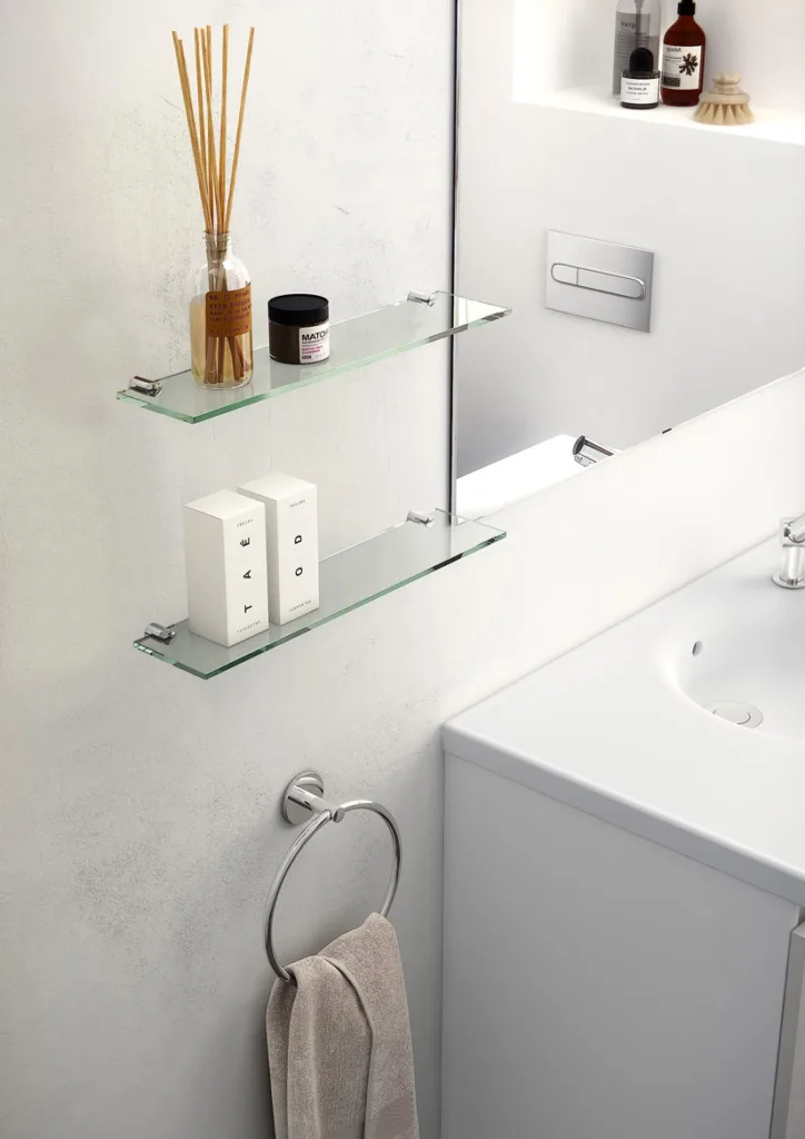 In a bathroom, a glass shelf can be a lovely partner to other glass fixtures such as a glass shower enclosure or a glass privacy screen.