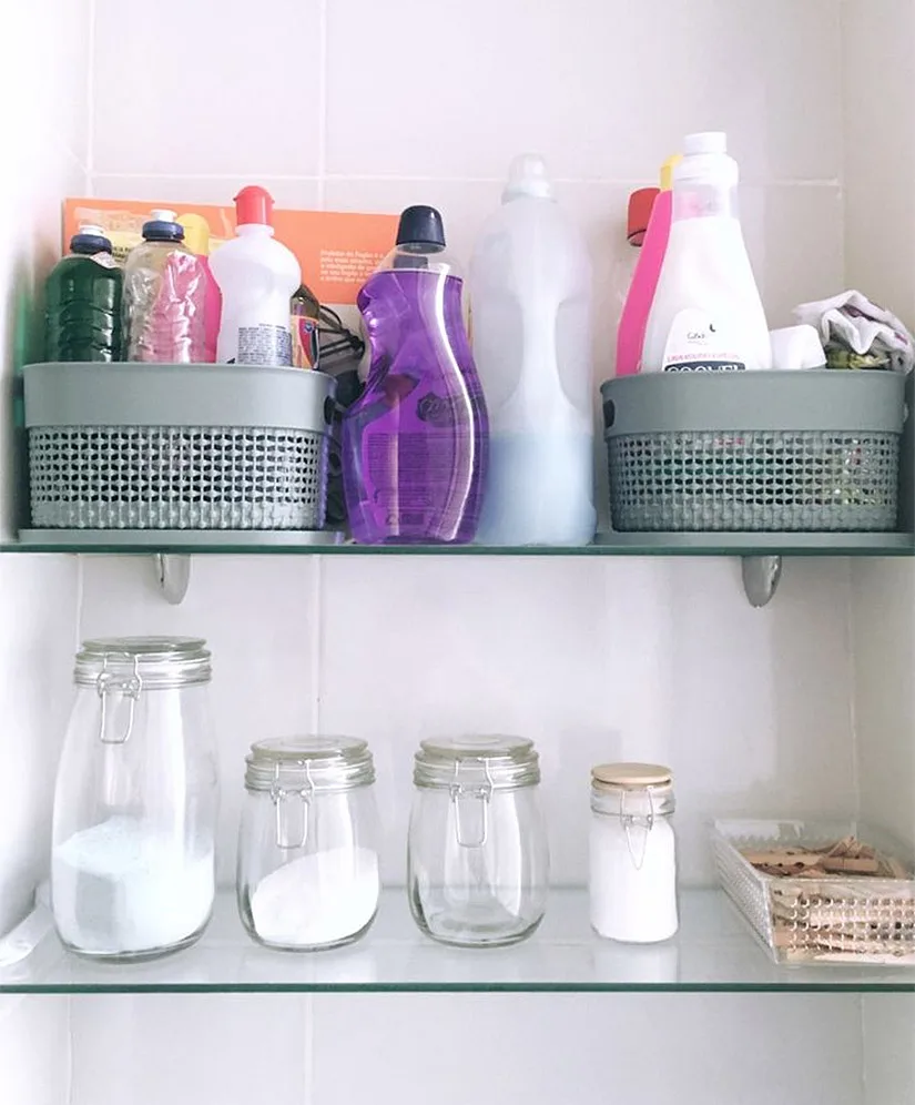 Wall shelves above the washer and dryer make it convenient to store detergent, fabric softener, stain remover, and other laundry care items out of the reach of children and pets.