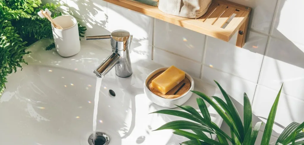 Plants can go in or around the shower, on the vanity counter, or in large pots on the bathroom floor.